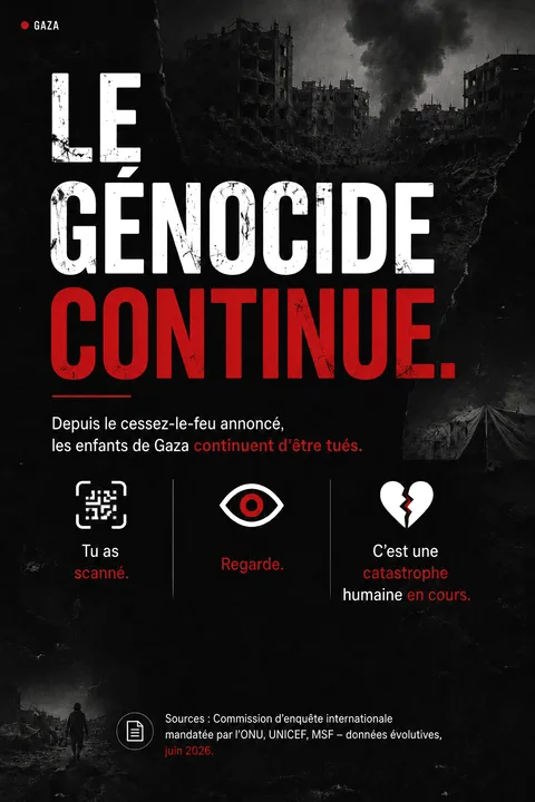 Affiche NSP employant la formule : le génocide continue.
