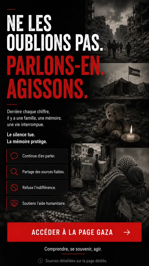 Affiche Gaza : ne les oublions pas, parlons-en, agissons.