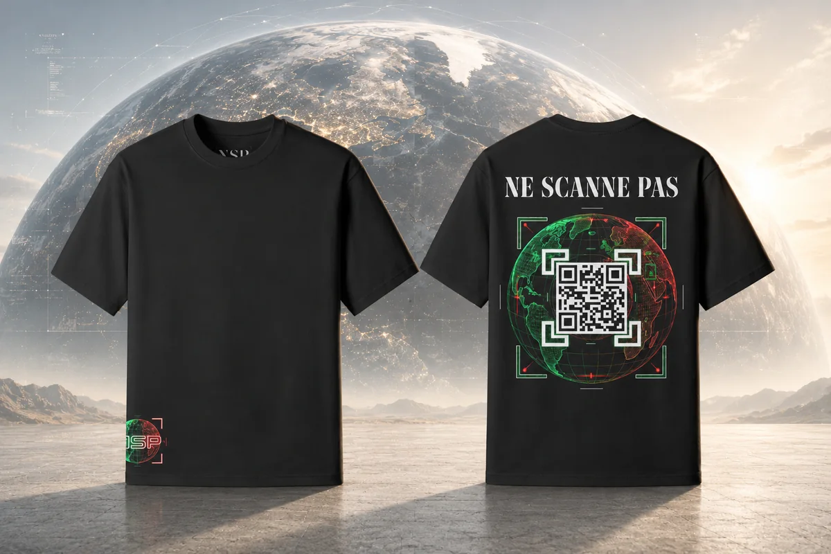 NSP black global awareness t-shirt with QR code.