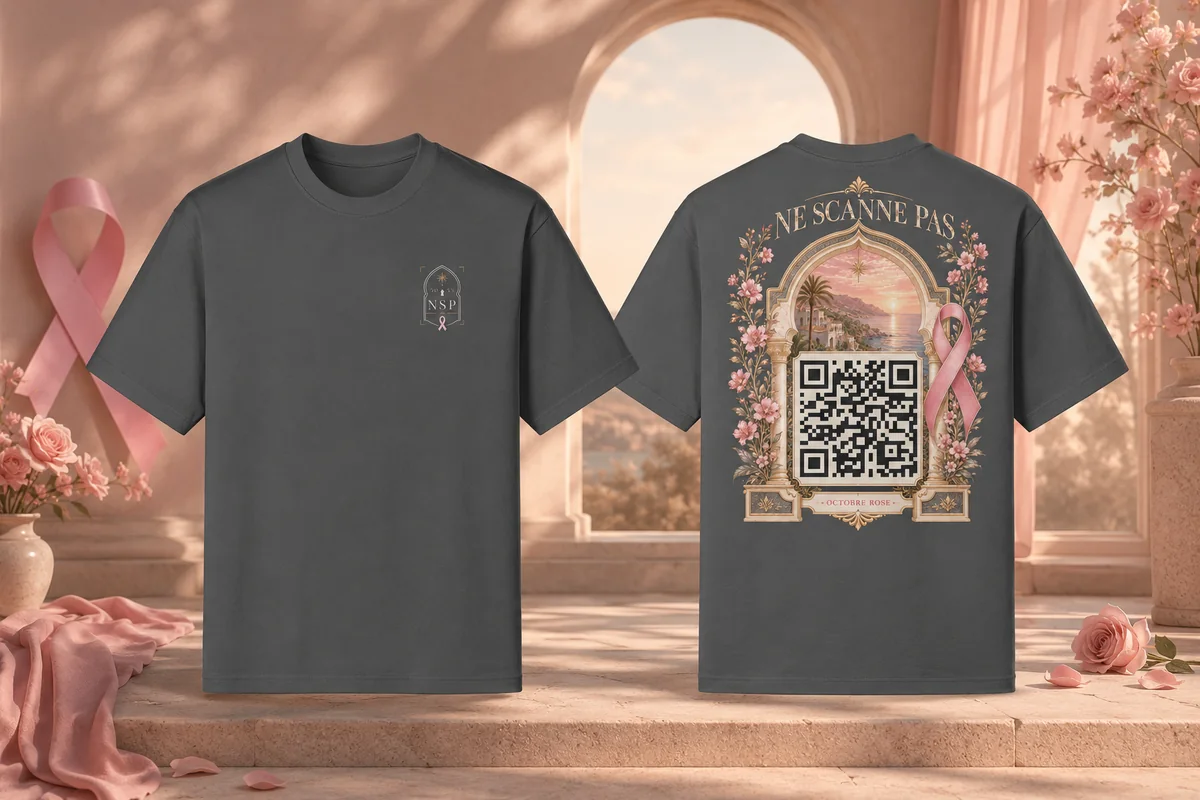 NSP Pink October t-shirt with QR code.