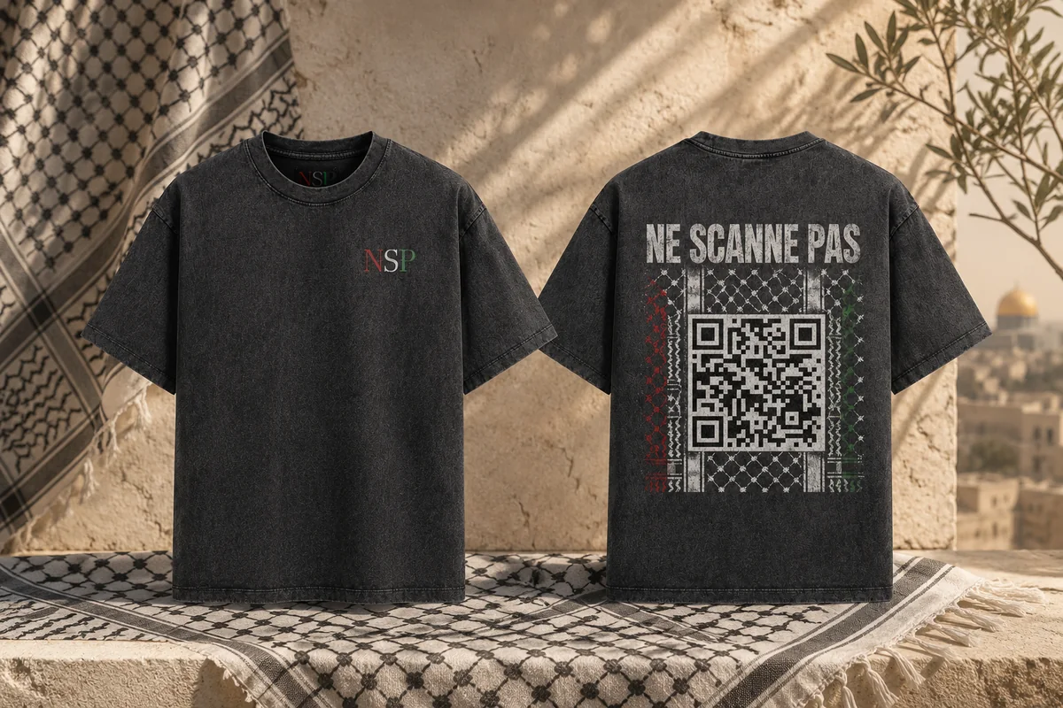 NSP black Palestine t-shirt with QR code.