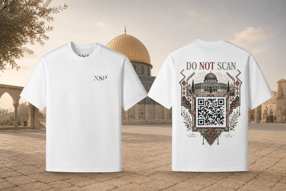 NSP white Palestine t-shirt with QR code.