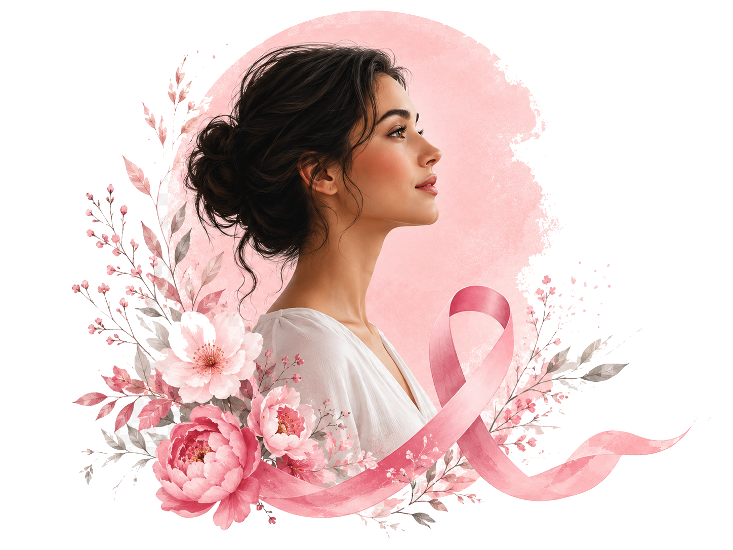 Illustration Octobre Rose avec une femme, un ruban rose et des fleurs