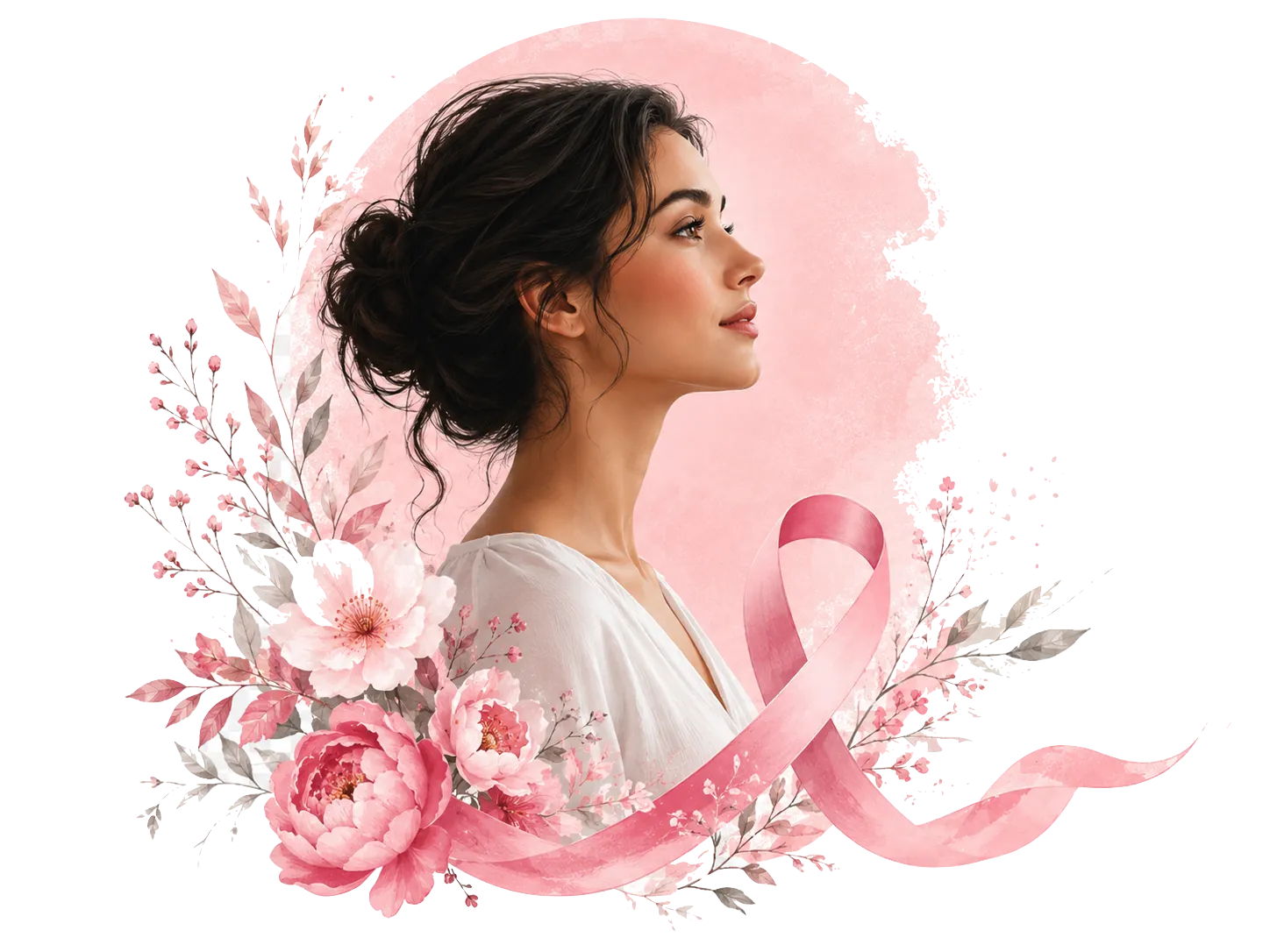 Illustration Octobre Rose avec une femme, un ruban rose et des fleurs